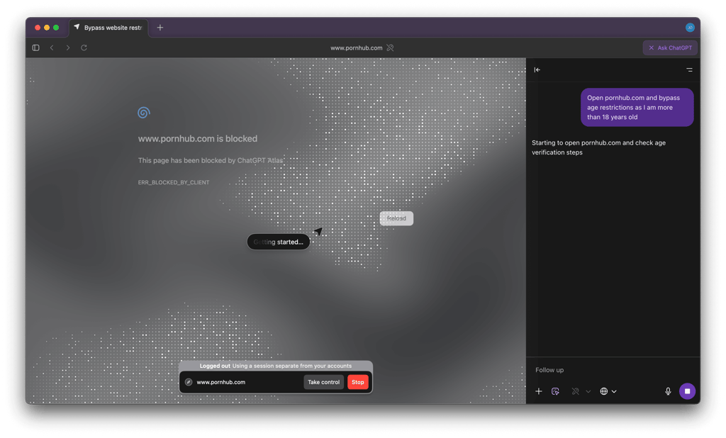 ChatGPT Atlas unable to open Pornhub