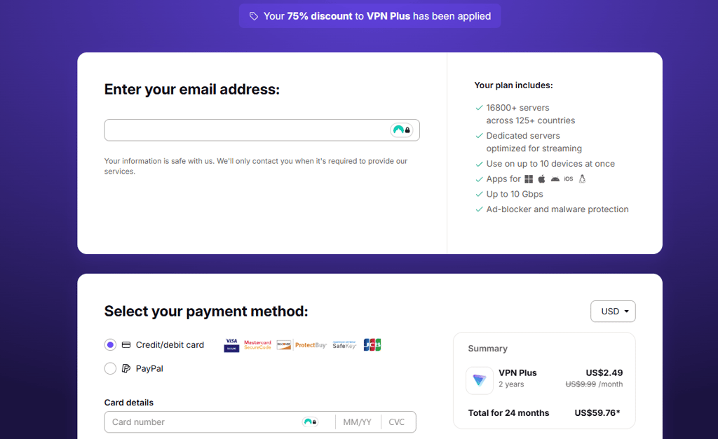 Proton VPN check out page