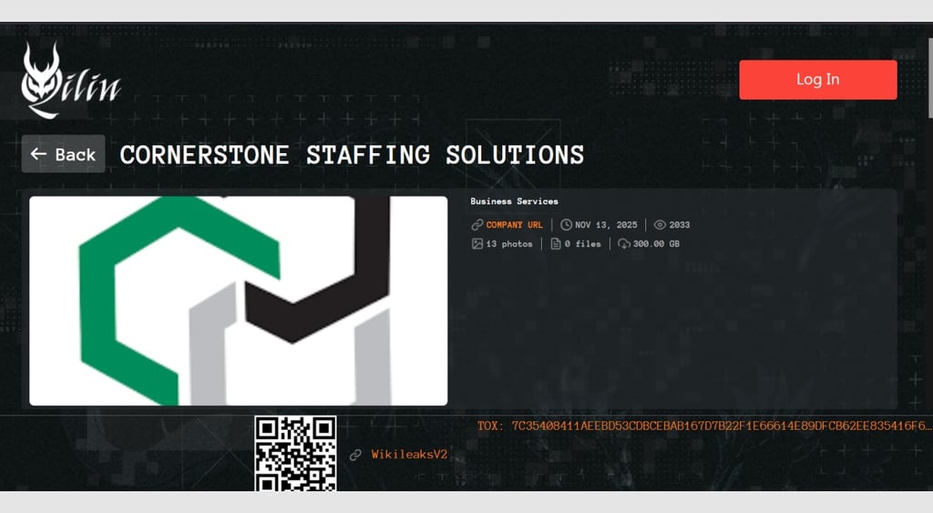 Qilin ransomware attack - Cornerstone staffing post