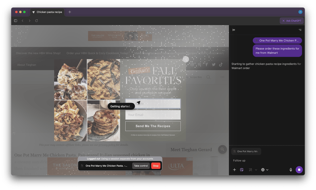 ChatGPT Atlas finding a recipe and gathering ingredients