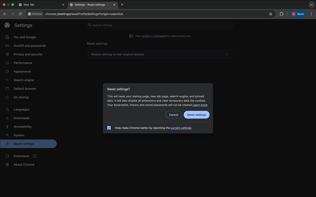 Reset settings pop up in Google Chrome