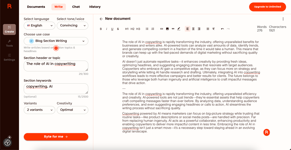 Rytr generating a blog post