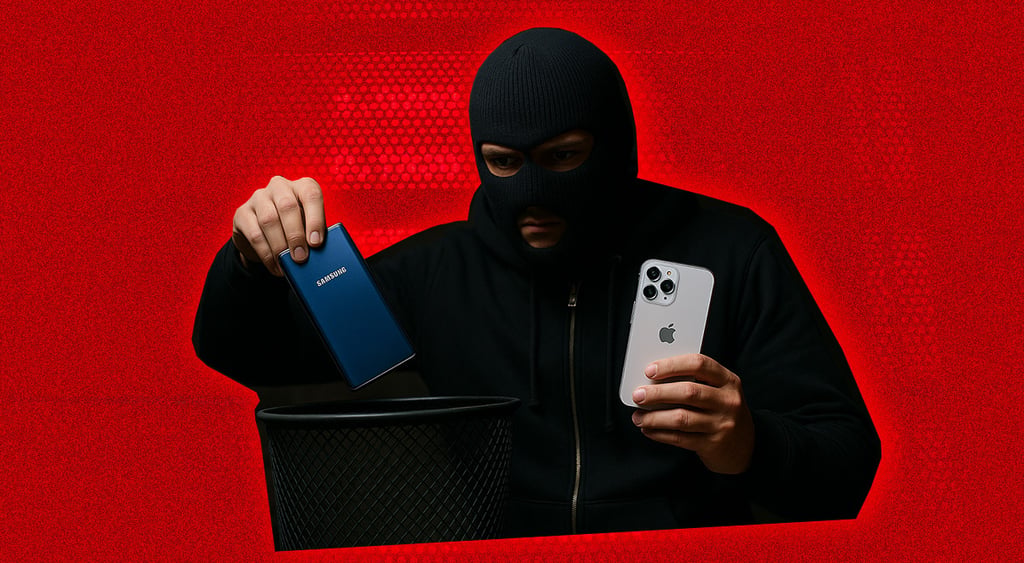 Thief holding Samsung and Apple smartphones