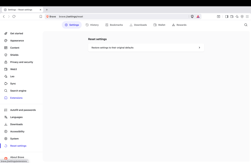 Reset settings in Brave