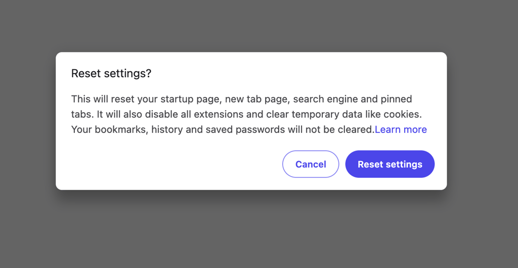 Reset settings pop up in Brave