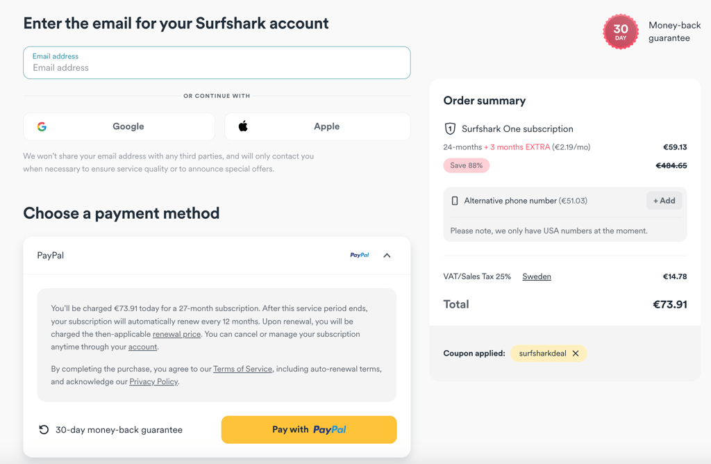 Surfshark checkout euros