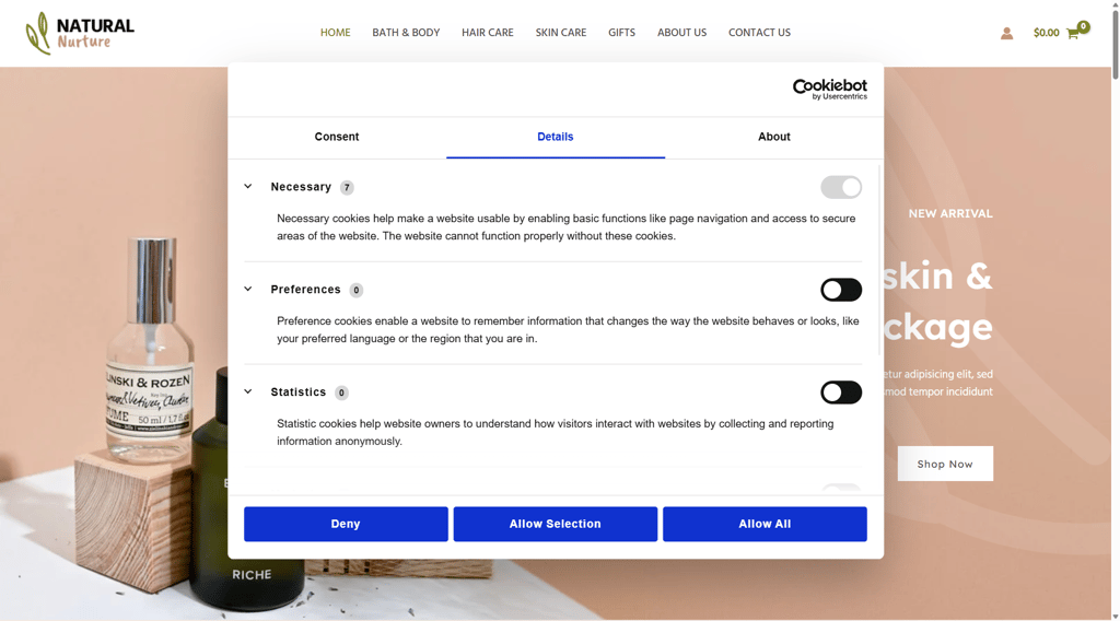 Test website displaying the configured CookieBot cookies banner