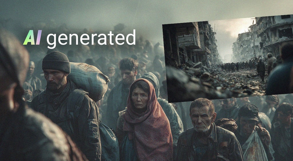 grey, green tone image of a crowd of refugees walking, sad, dark, scary, AI generated sign