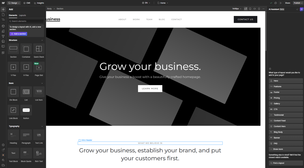 Webflow site editor menu