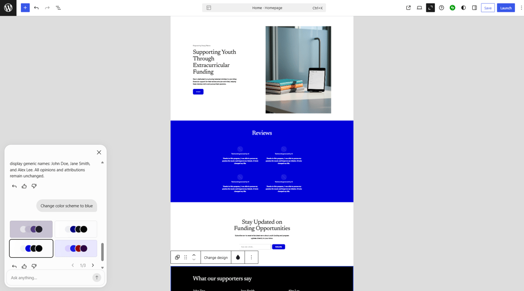 Editing a website with WordPress.com AI editor