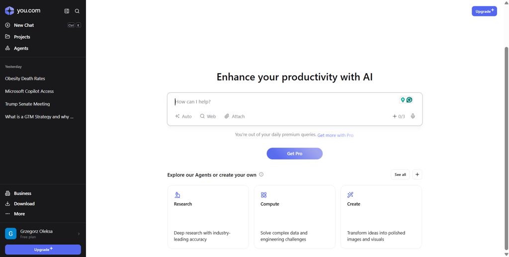 The dashboard of You.com chat.