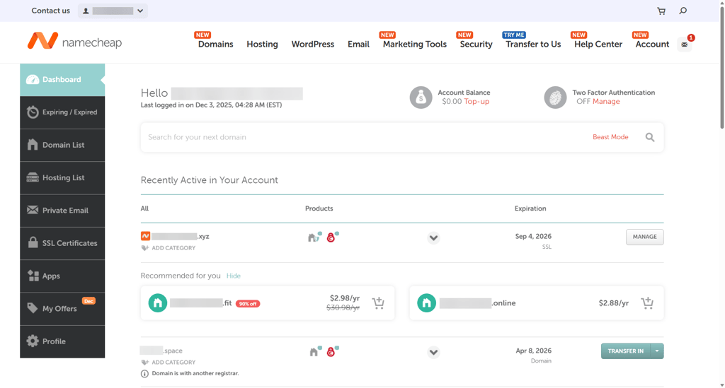 The main Namecheap's native dashboard