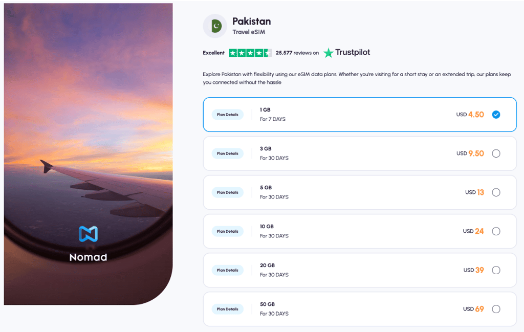 Nomad eSIM plans for Pakistan