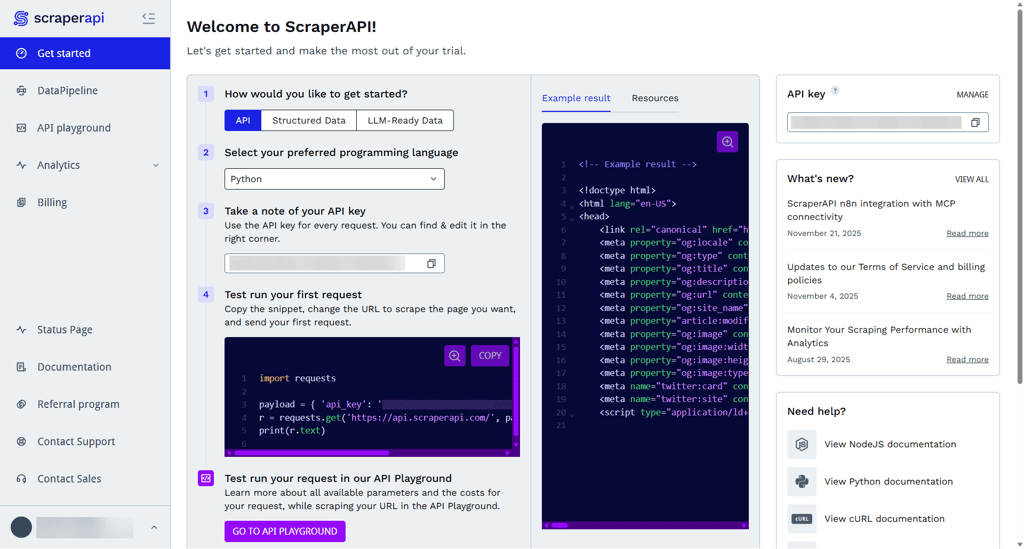 ScraperAPI’s dashboard