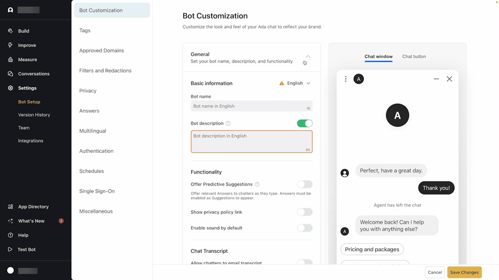 Ada bot customization screen