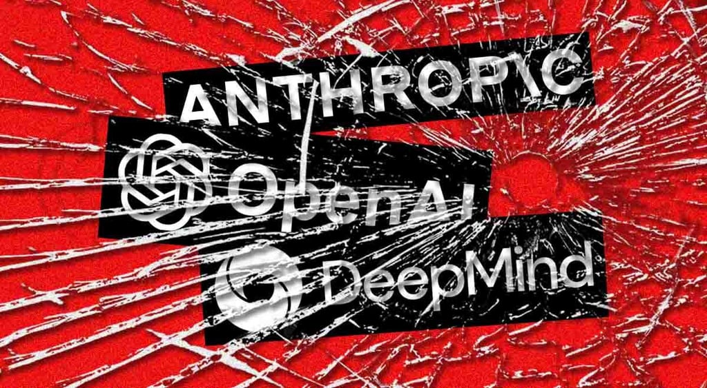 The logos of Anthropic, OpenAI, and Google DeepMind on a red background