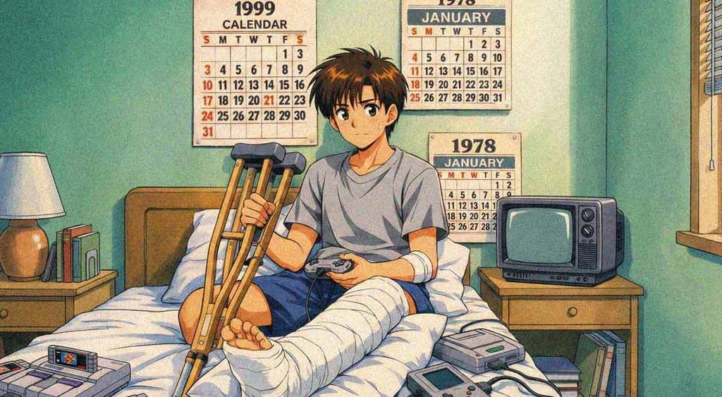 anime man in hospital bed with broken leg surrounded by calandars