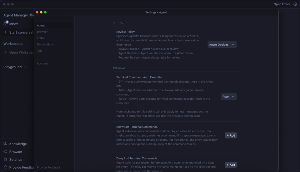 The view of Antigravity’s settings for an agent