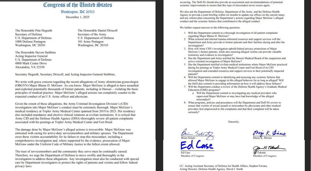 Letter to DoD about US Army doctor accused of secret recordings