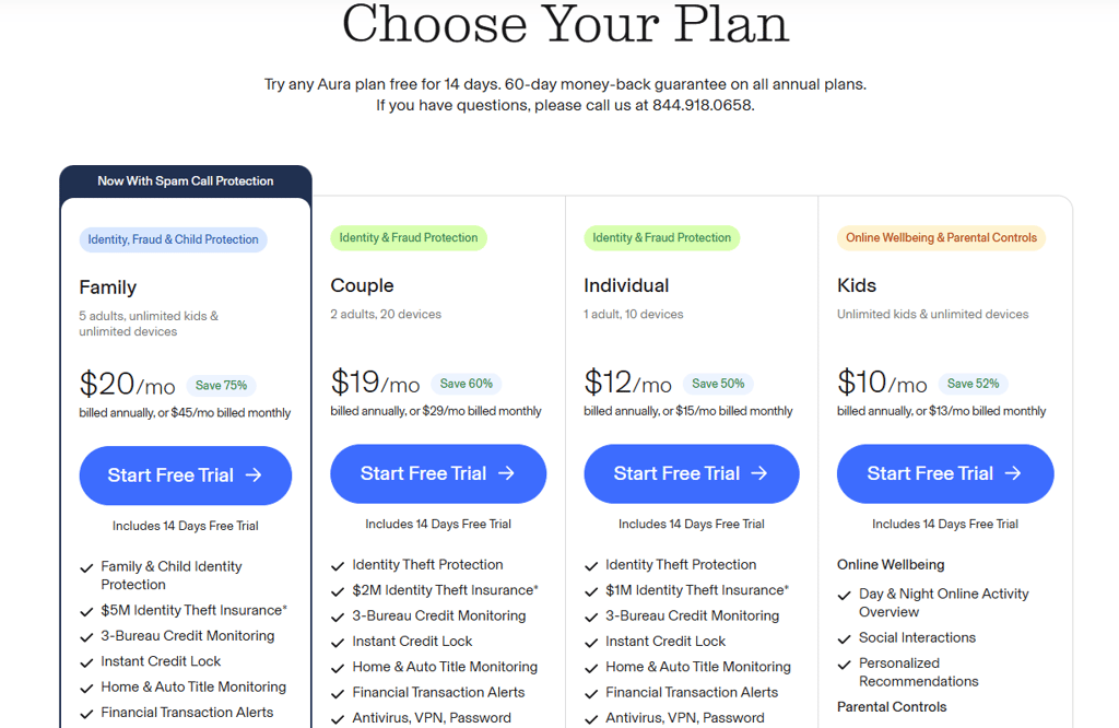 Aura's four pricing plans
