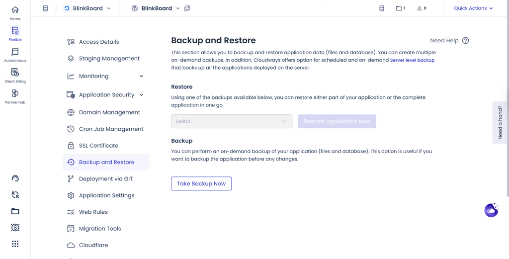 Cloudways backup and restore feature