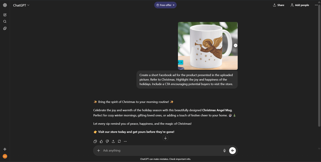 ChatGPT with a generated ad of a Christmas mug