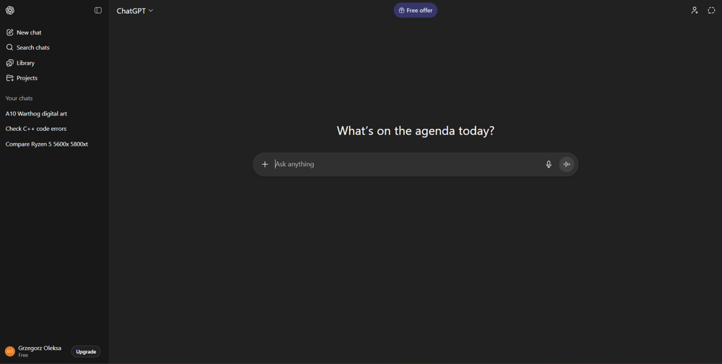 The dashboard of ChatGPT in dark mode