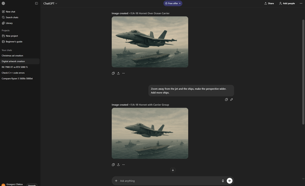 ChatGPT windows with a modified image of the Hornet and navy
