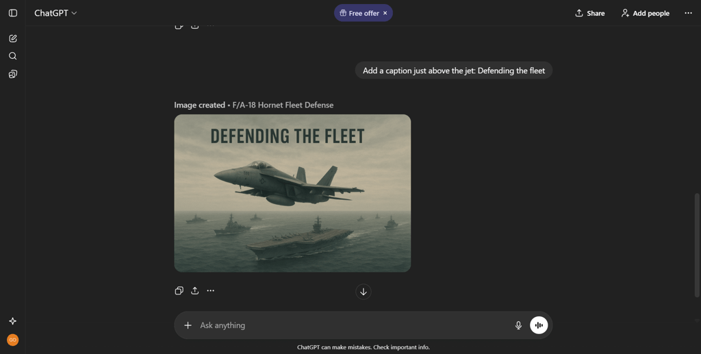 ChatGPT generated Hornet jet with a caption