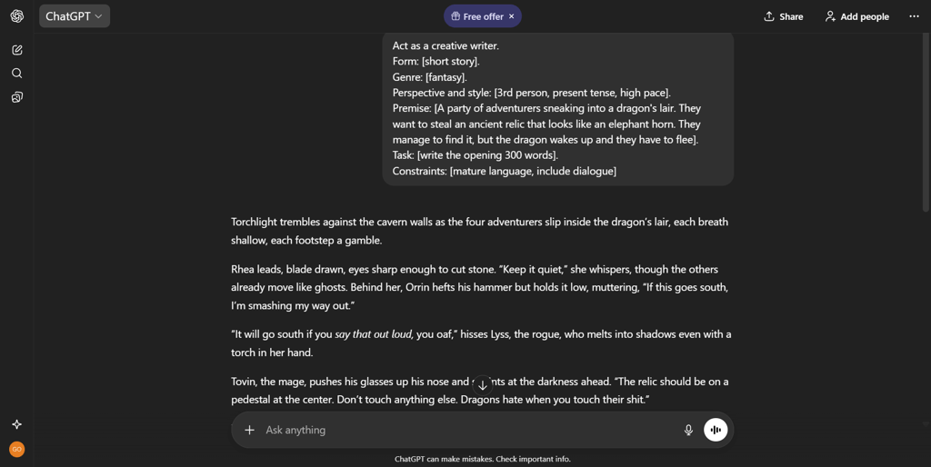 ChatGPT window with a short story intro