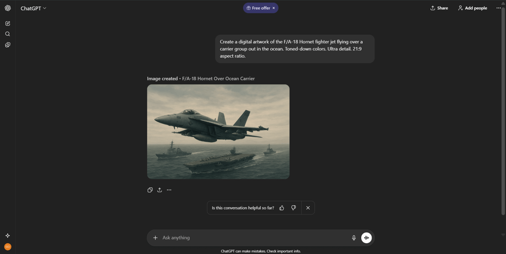 ChatGPT with a generated image of a Hornet jet and carrier group