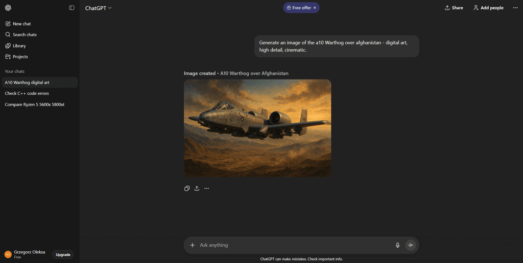 A ChatGPT window showing a generated A-10 military jet