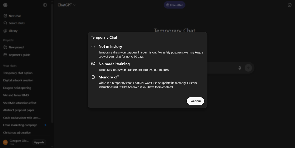 ChatGPT temporary chat notification