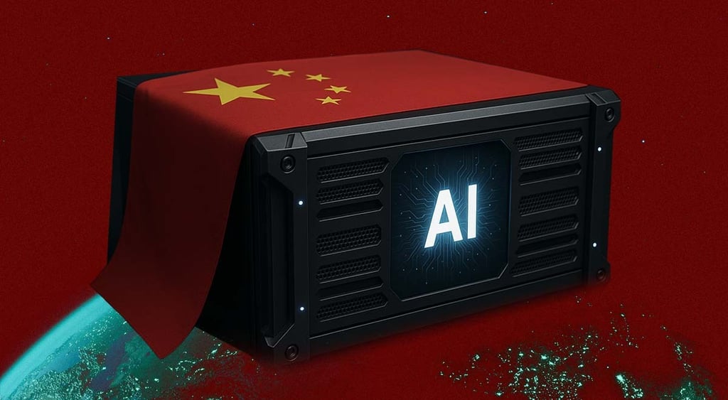 A compute covered with China flag, letters AI on it