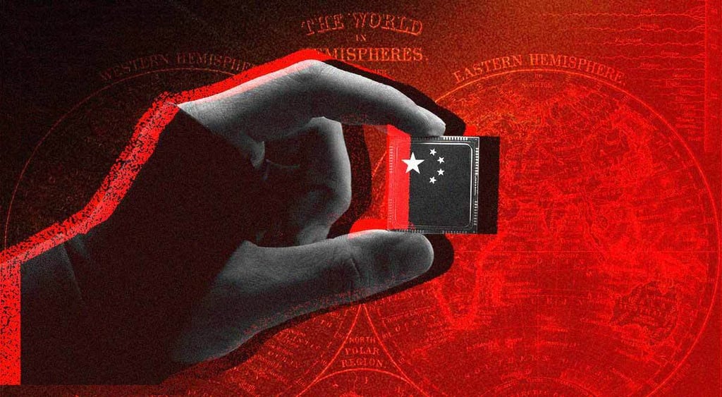 shadowy hand holds black chip, china stars on it, red background,