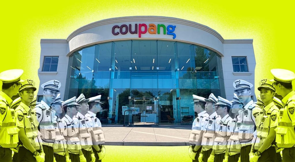coupang building, yellow background, police officers surrounding it