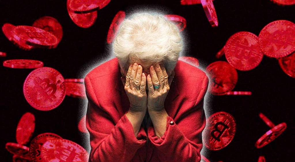 grey hair, old female face in hands, red crypto coins, black background, red jacket