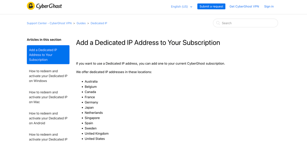 CyberGhost’s dedicated IP locations