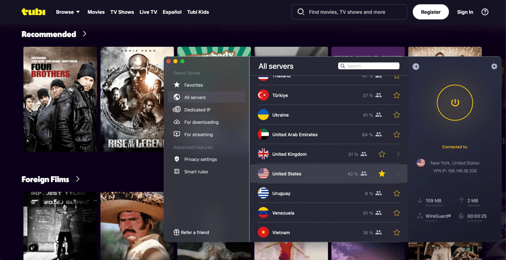 CyberGhost unblocking Tubi with its US servers