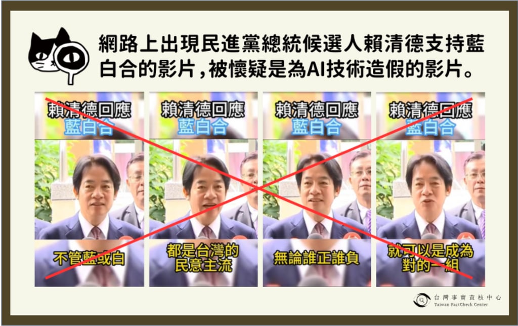 Deepfake video falsely claims Lai Ching-te supported opposition party cooperation. Source