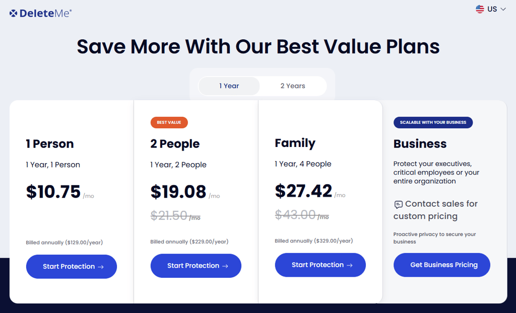 DeleteMe's four data removal service pricing plans