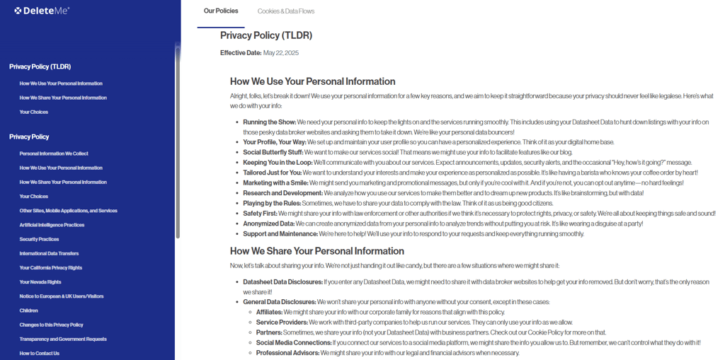 DeleteMe's TL;DR version of its privacy policy