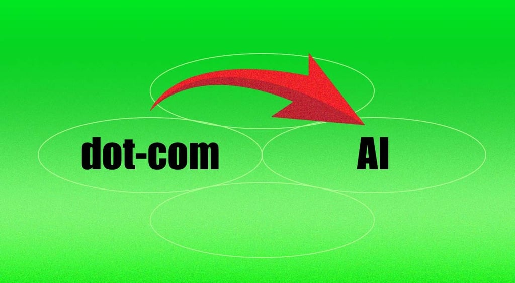 four white elipses with lemon green fillin, one has AI written in it, on top red arrow, dot-com sign