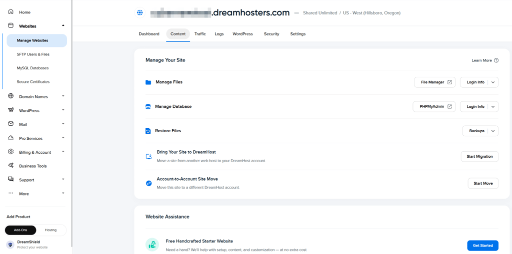 DreamHost custom control panel interface