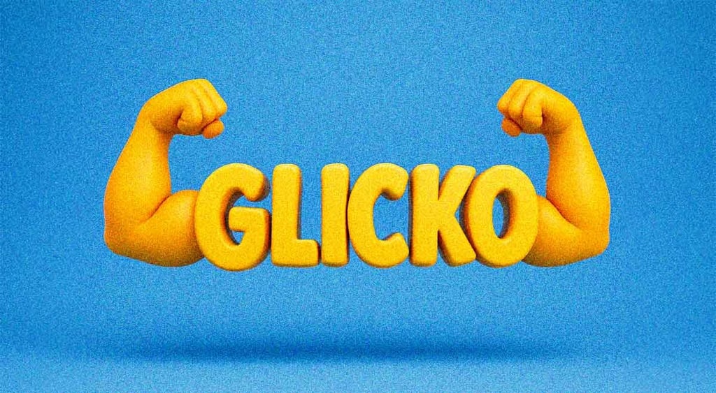 Glicko logo with strong biceps on each side, sky blue background