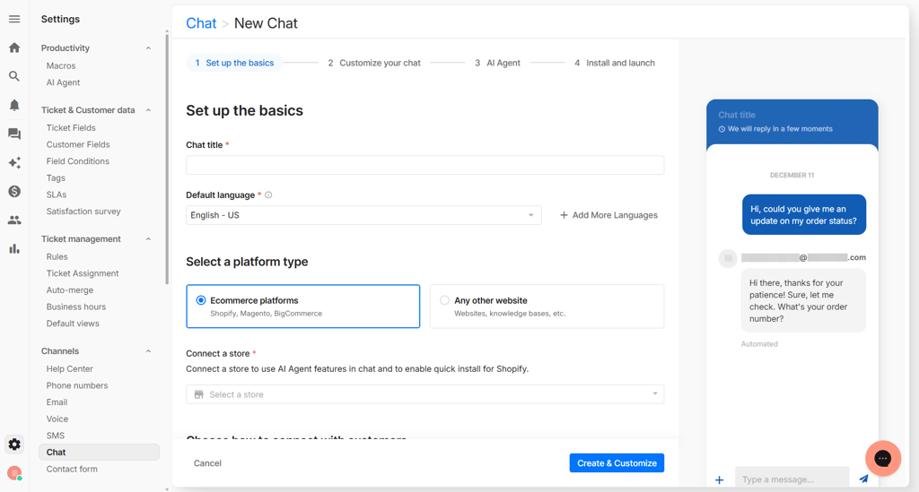 Chat settings in Gorgias