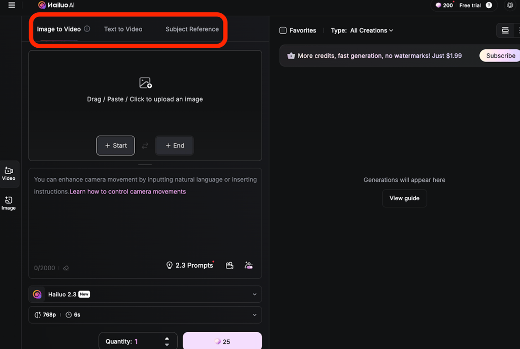 Hailuo AI video creation sections