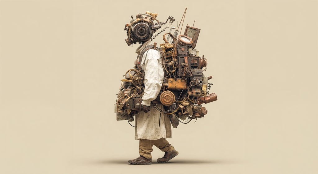 human wrapped in different types of machinery, carries it on back, sand color
