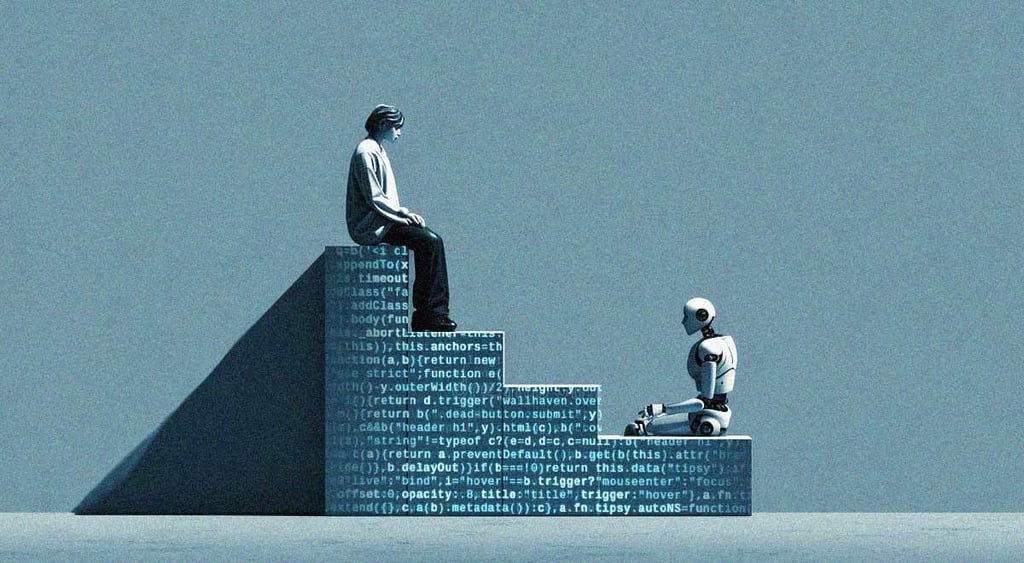 A human sitting on top of pedestal looking down on a robot; human vs artificial intelligence (AI)