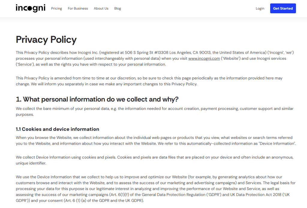 Incogni privacy policy new